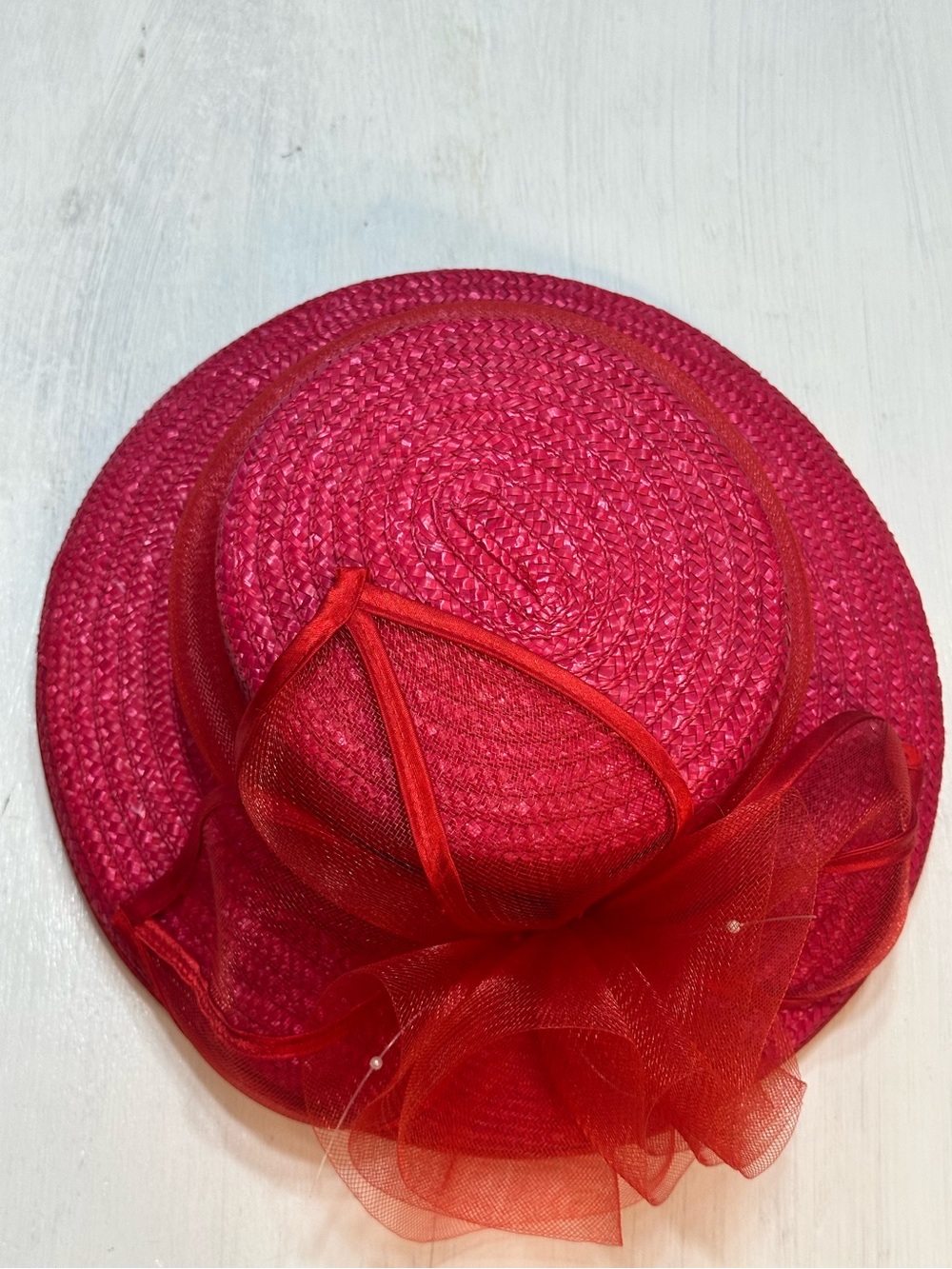 Red Straw Church Derby Hat Wide Brim Floral Mesh Fascinator Kentucky Derby Tea - Picture 3 of 9